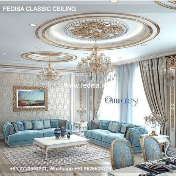 Classical Pop Wall Design Luxury False Ceiling With Chandelier